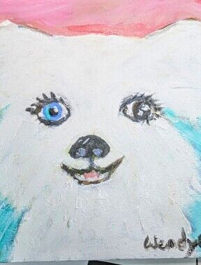 Wendy Gell..acrylic painting of white dog one blue eye one brown.